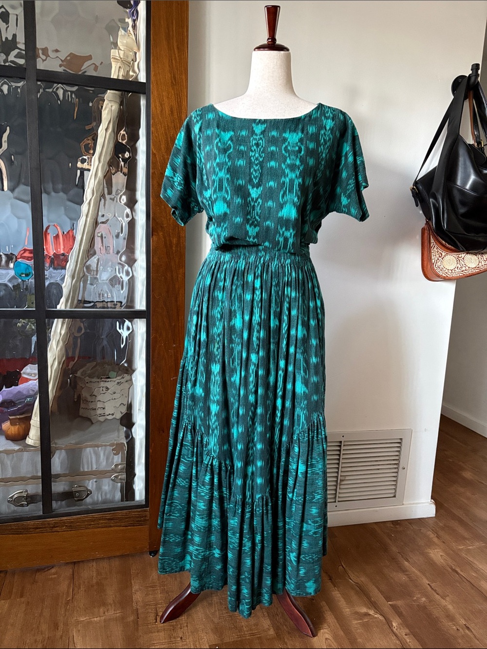 Emerald Teal Patterned Vintage 2pcs Dress — Blouse & Flowing Skirt